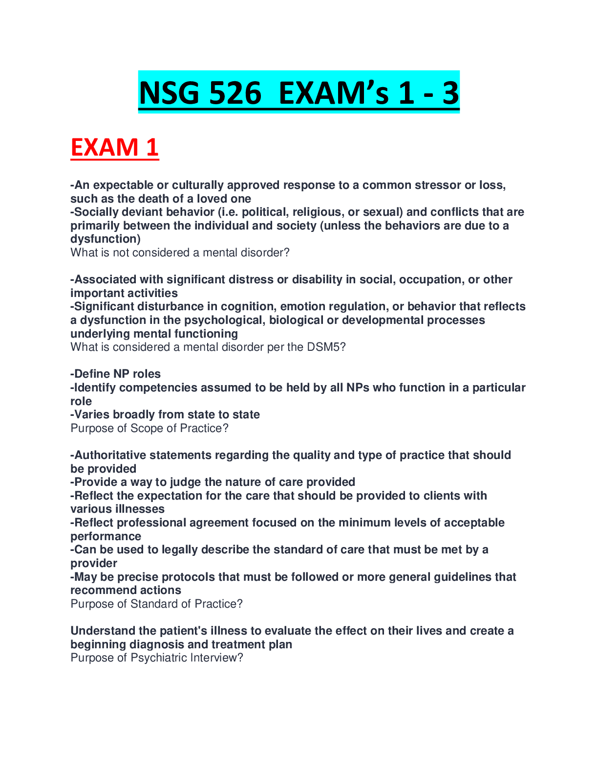 Preview image for SOUTH UNIVERSITY NSG 526 EXAM'S 1- 3 SET WITH COMPLETE GUIDE|100% VERUIFIED.